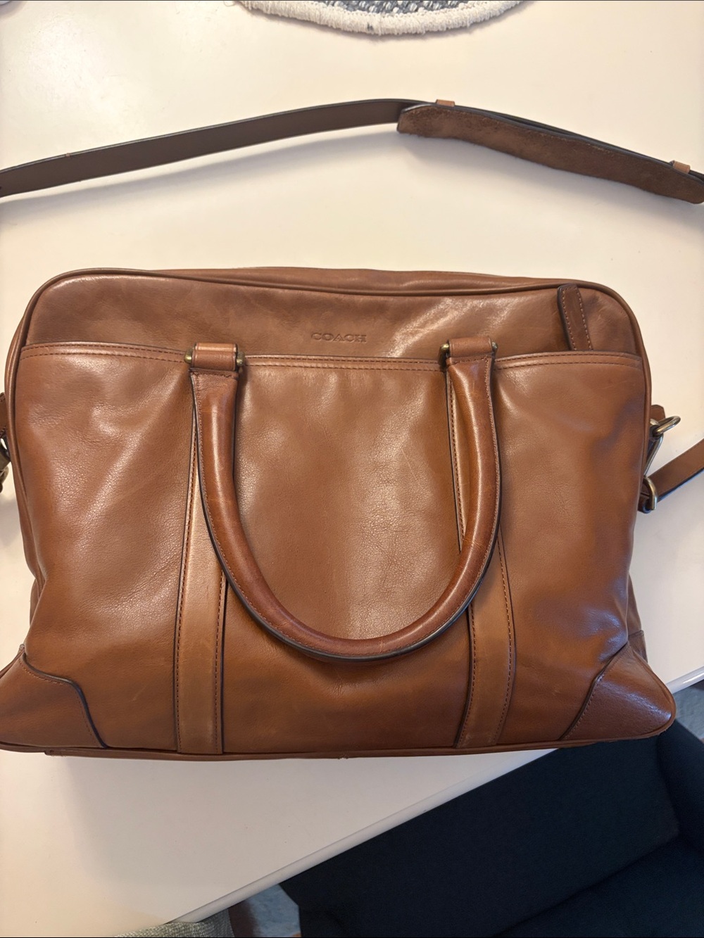 Coach Bleecker Leather Laptop Briefcase in Cognac Brown